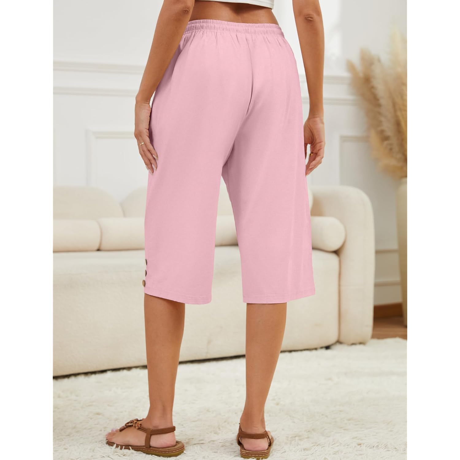 Womens Capris Pants High Waist Drawstring Comfy Casual Pants Lightweight Trousers Buttons with Pockets