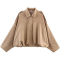 Women'S Faux Suede Bomber Jacket Spring Lapel Pilot Coat Casual Oversized Long Sleeves Trendy Streetwear Outerwear