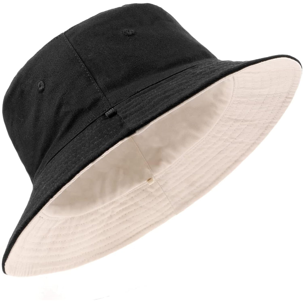 XXL Oversize Bucket Hat Reversible, XL L M S Fisherman Sun Cap With Chin Strap, Travel Beach Outdoor Hat For Men Women Black-beige