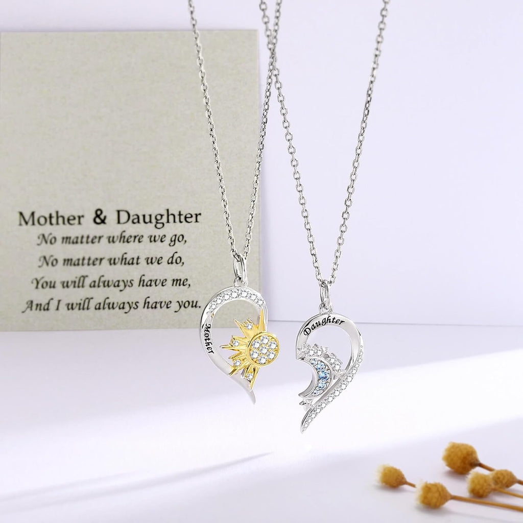 Mother Daughter Necklace Set for 2 Sterling Silver Sun and Moon Matching Pendant Necklace Jewelry Gifts Mother's Day Birthday
