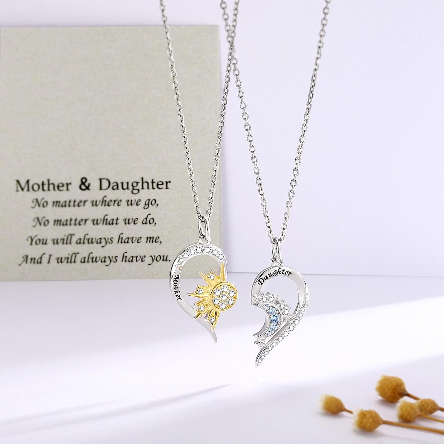 Mother Daughter Necklace Set for 2 Sterling Silver Sun and Moon Matching Pendant Necklace Jewelry Gifts Mother's Day Birthday