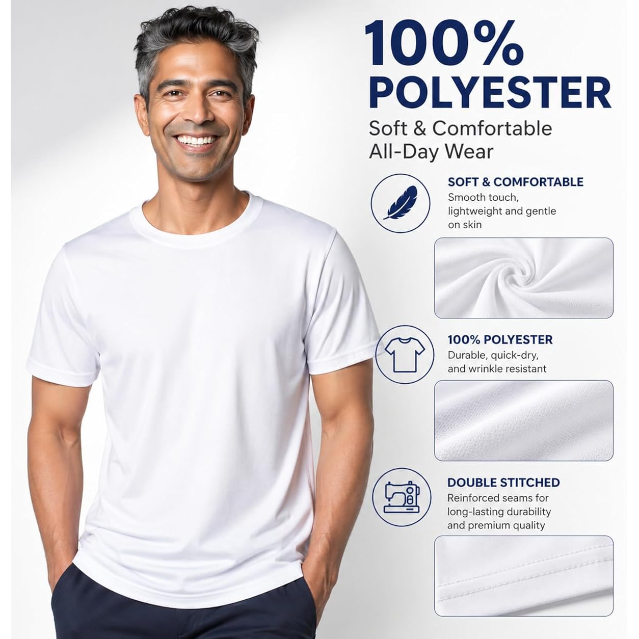 Sublimation Blank T-Shirts, Polyester, Crew Neck, White, Unisex