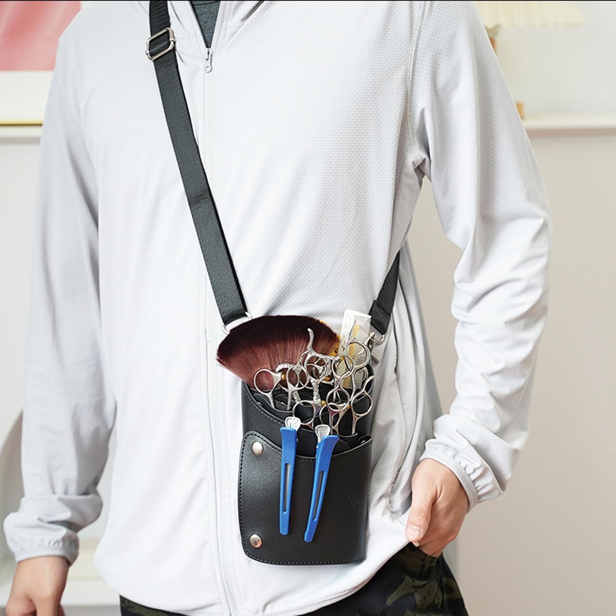 Scissor Bag, Faux Leather Salon Barber Professional Scissors Holster Hair Stylist Tools Bag With Waist Shoulder Belt