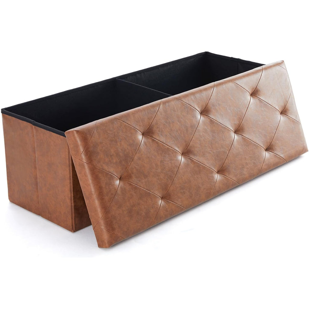 Sweetcrispy 43 Inches Folding Ottoman with Storage Bench, Foot Rest Stool, End of Bed Storage Bench Upholstered, Load 660 lbs, for Living Room, Synthetic Leather, Brown