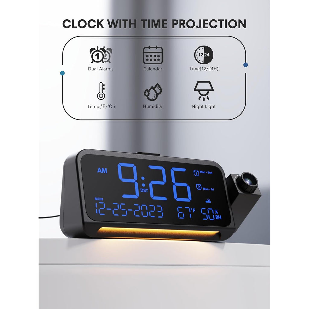 Mesqool Projection Alarm Clock Ceiling Display, With Temperature, Humidity | Dual Alarms, 5-Level Dimmer, Date, Night Light, Weekday/Weekend Mode, 12/24H, Dst, , Snooze, 180° Rotatable, For Bedroom