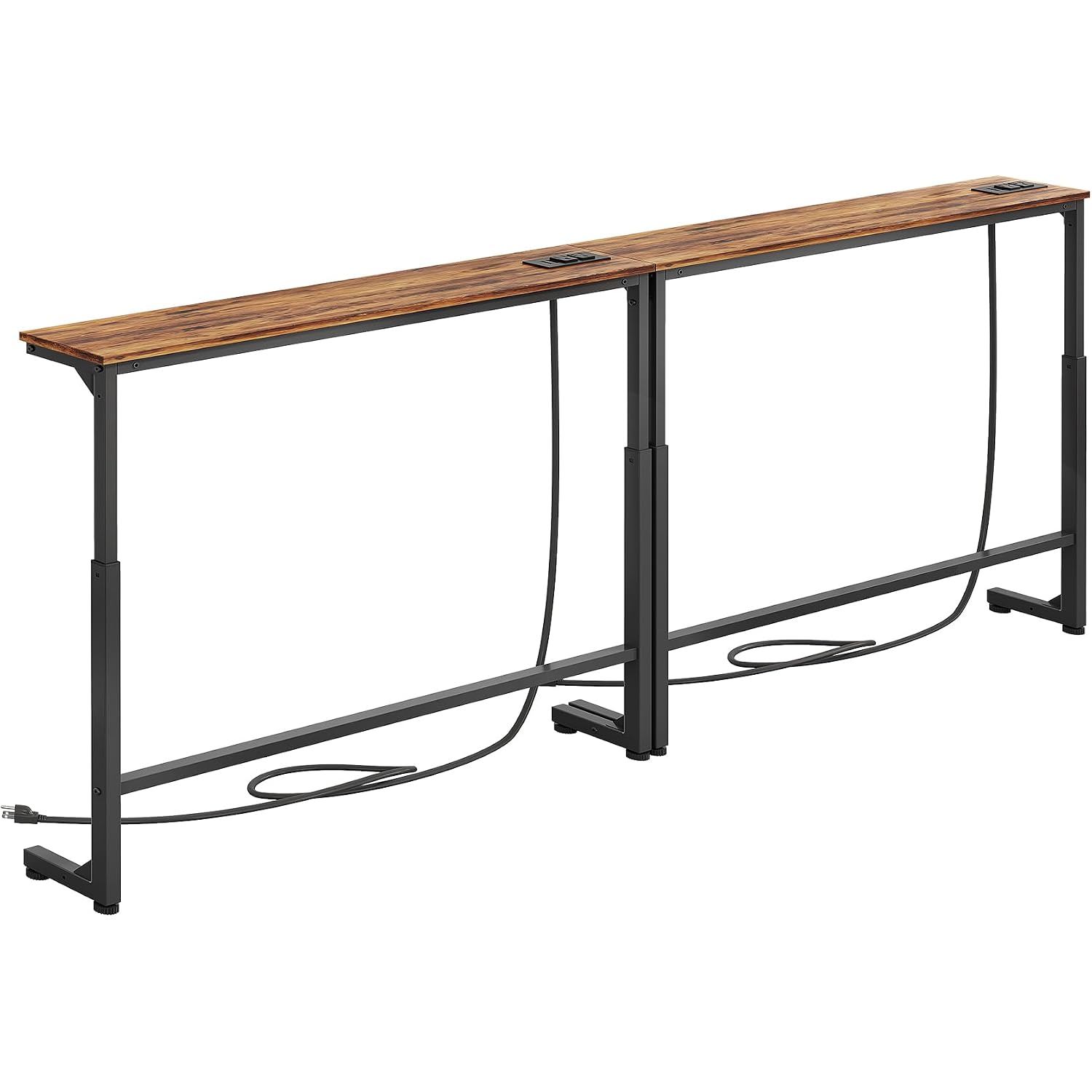 Kitstorack 2-Pack Narrow Console Table With Adjustable Height (25"-33") & 2 Power Outlets, Skinny Behind Couch Table, 78.8" Long X 5.9" Wide Sofa Side Table For Living Room, Rustic Brown