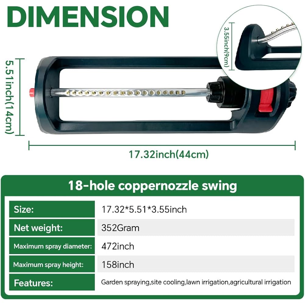 Lawn Sprinkler, 18 Brass Nozzles Garden Water Oscillating Sprinkler For Yard Covers Up To 3,600 Sq.Ft, Heavy Weight Base, Built-In Spray Jet Cleaning Needle