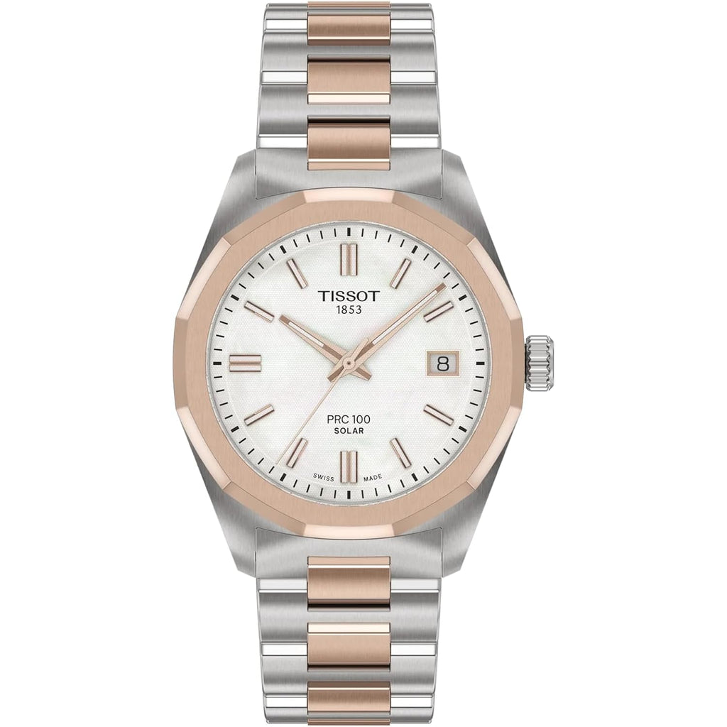 Tissot Prc 100 Solar, White Dial, 34Mm Watch For Women, Two-Tone Rose Gold And Silver Stainless Steel Bracelet, Solar Quartz Movement, T1518222211100