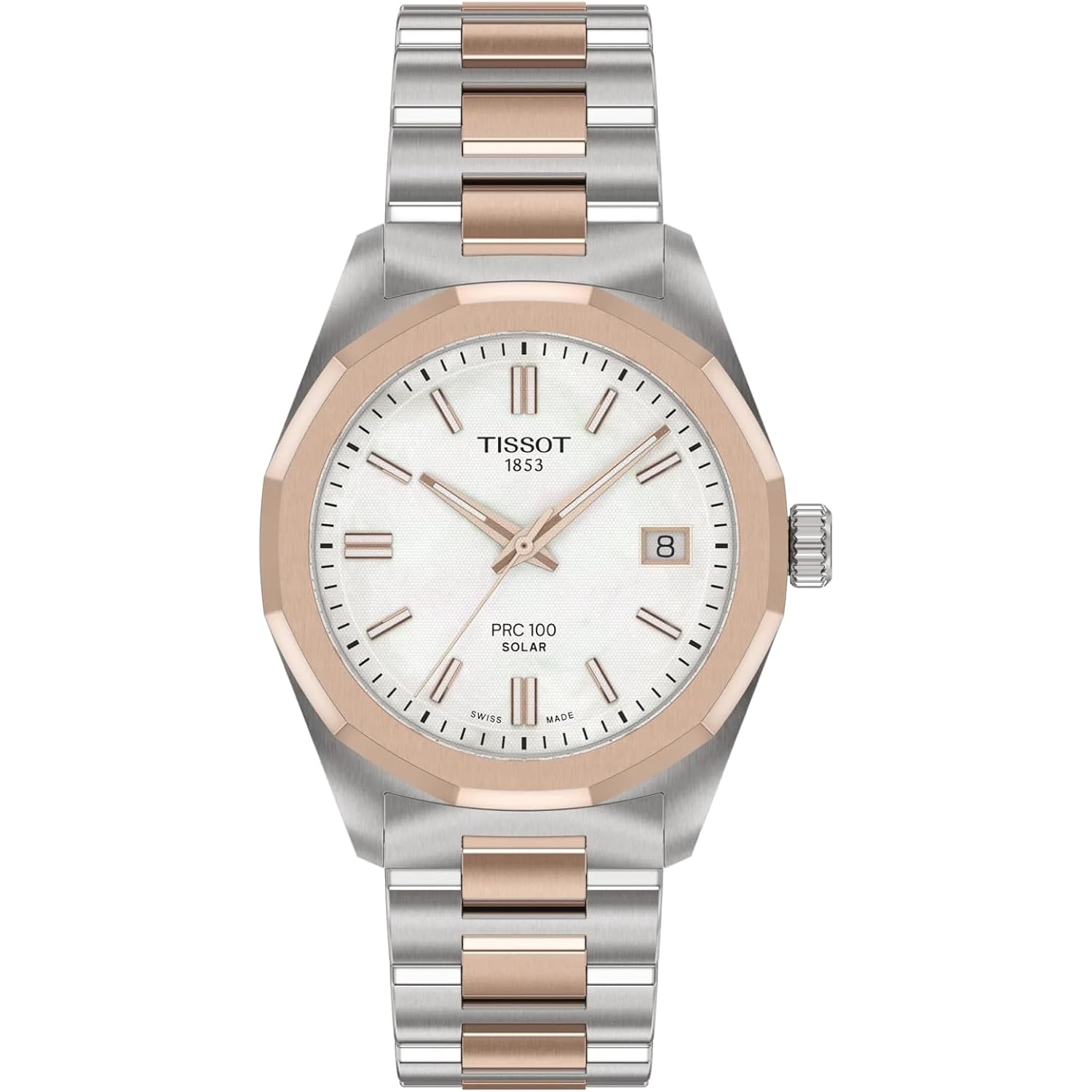 Tissot Prc 100 Solar, White Dial, 34Mm Watch For Women, Two-Tone Rose Gold And Silver Stainless Steel Bracelet, Solar Quartz Movement, T1518222211100