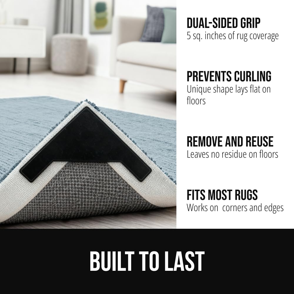 GORILLA GRIP® Extra Wide Dual Sided Rug Gripper Pads, Holds Carpet in Place on Hardwood Floors and Tile, Removable Reusable Sticky Corner Grippers, Universal Fit Floor Pad for Under Area Rugs, 4 Pack