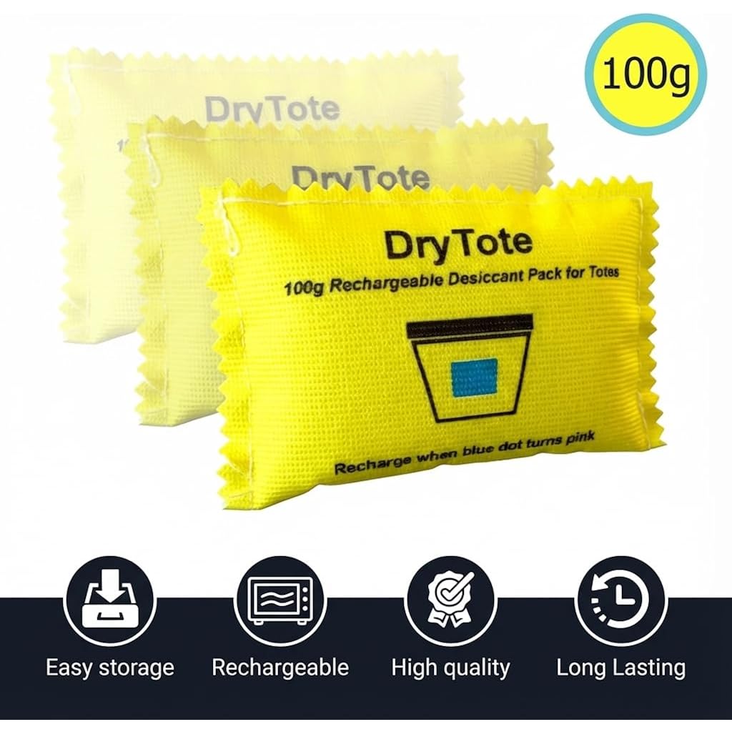 Rechargeable Desiccant Packs (5 Pack), Color Indicating Silica Gel Moisture Absorber For Storage Bins, Totes, Suitcases & 3D Printer Filament, 100G