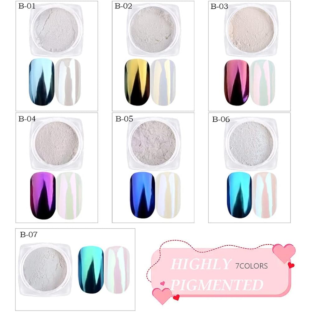 7 Colors Chrome Nail Powder Set, Nail Chrome Bulk,White Pearl Iridescent Aurora Metallic Mirror Effect Dip Nail Powder Kit, Gel Polish Holographic Mermaid Pigment, Resin Craft,Nails Art Gift for Women