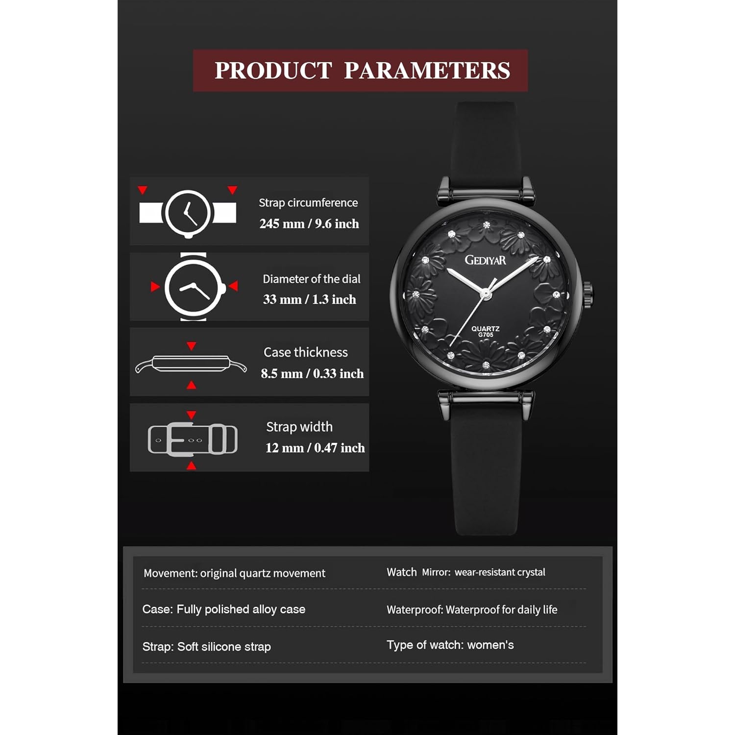 Women's Quartz Watch for Nurses Nursing Students Lady,Floral Pattern Dial with Crystal Markers, Second Hand,Soft Silicone Band