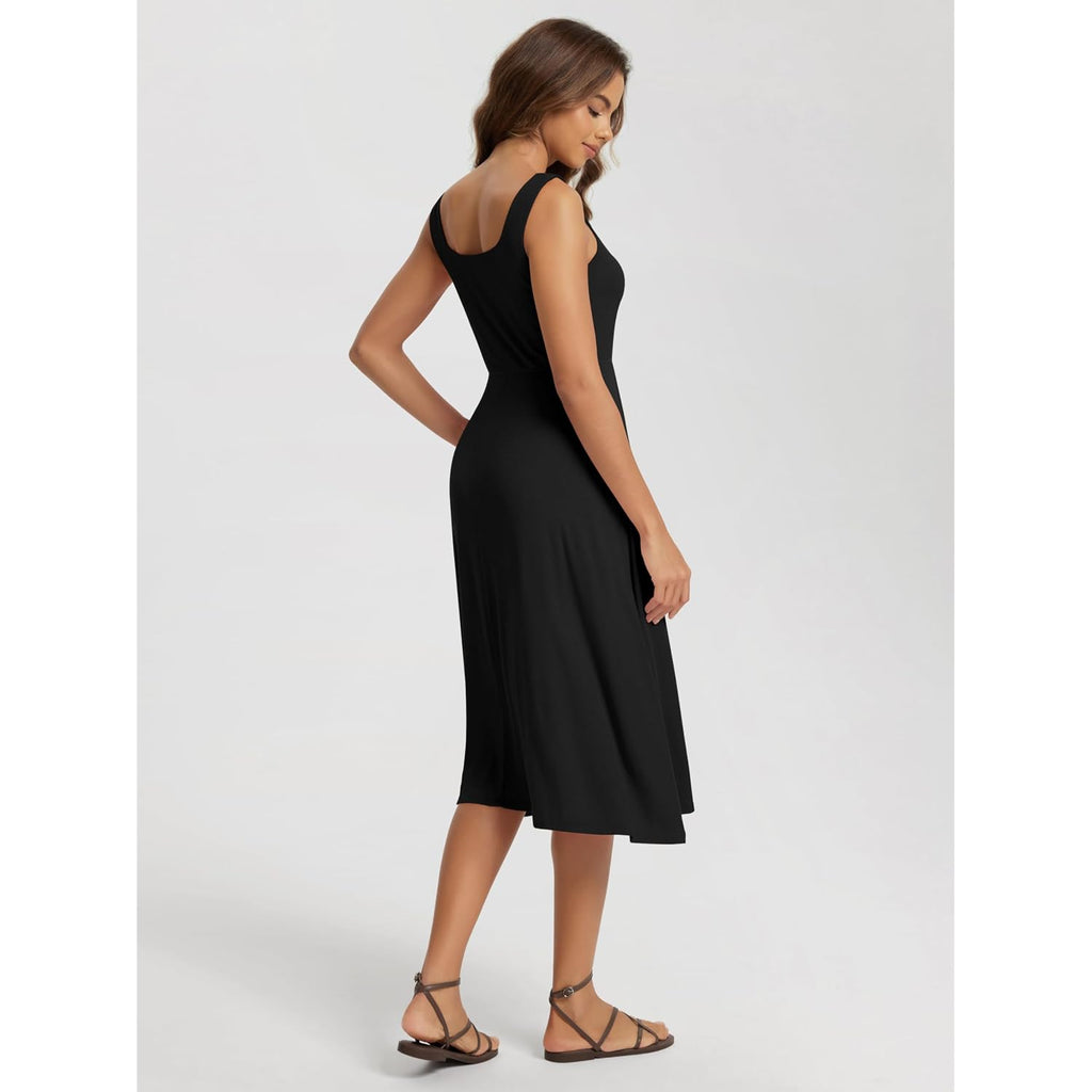 Ododos Square Neck Midi Dress With Pockets For Women Summer Casual Sleeveless Sundress Flare Tank Dress