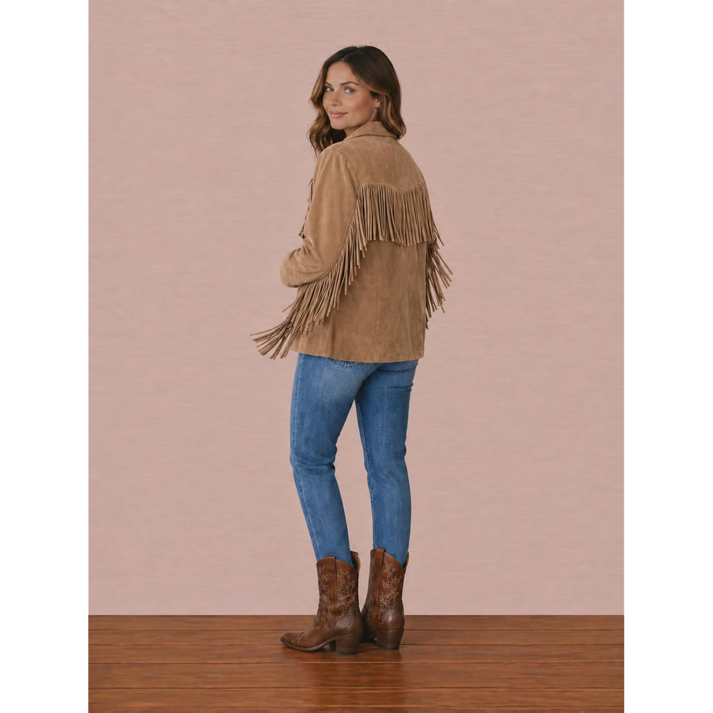 Women’S Buffalo Suede Fringe Jacket, Genuine Leather Western Cowgirl Boho Coat Vintage Style