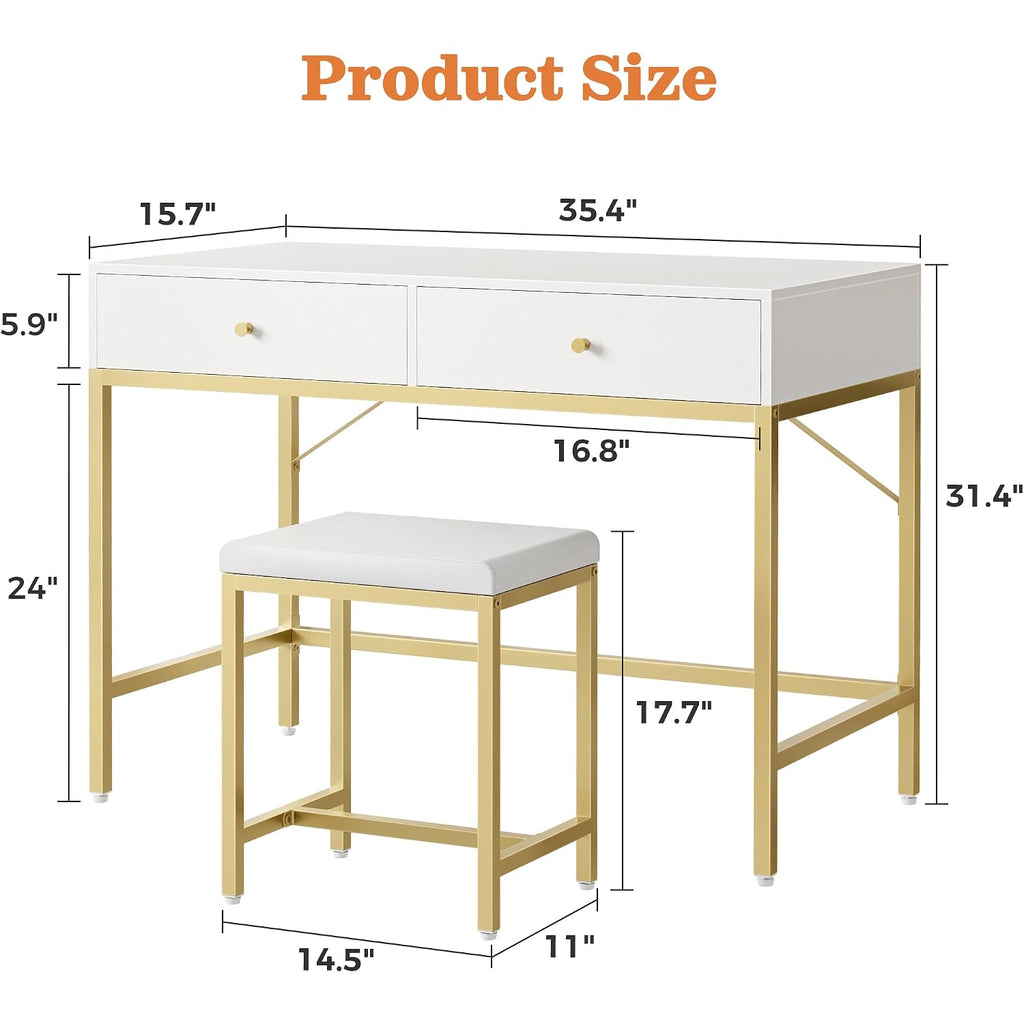 Superjare 35.4" White And Gold Desk With 2 Drawers, Modern Makeup Vanity With Padded Stool, Small Computer Desk Home Office Desk For Writing Study Bedroom