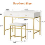 Superjare 35.4" White And Gold Desk With 2 Drawers, Modern Makeup Vanity With Padded Stool, Small Computer Desk Home Office Desk For Writing Study Bedroom
