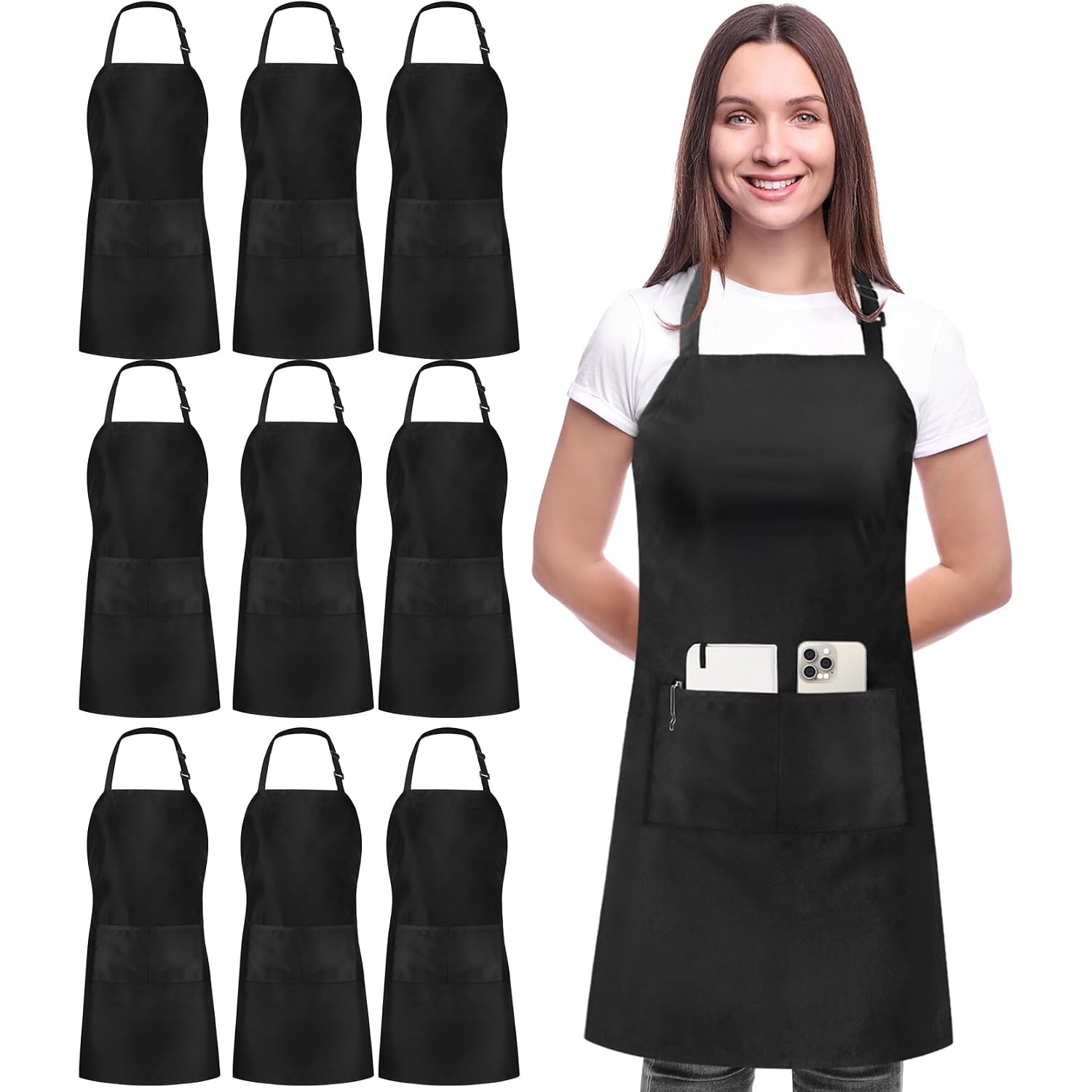 Utopia Kitchen 10 Pack Bib Apron Adjustable With 2 Pockets, Water And Oil Resistant, Cooking Kitchen Chef Apron For Women Men