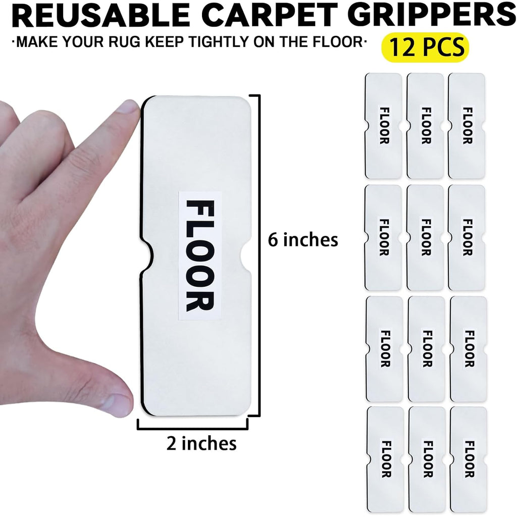 Rug Non Slip Grippers, Reusable Rug Tape, No Damaging for Hardwood Floors, Carpet Grippers Stickers Pads for Area Rugs Corners Flat, 12Pcs