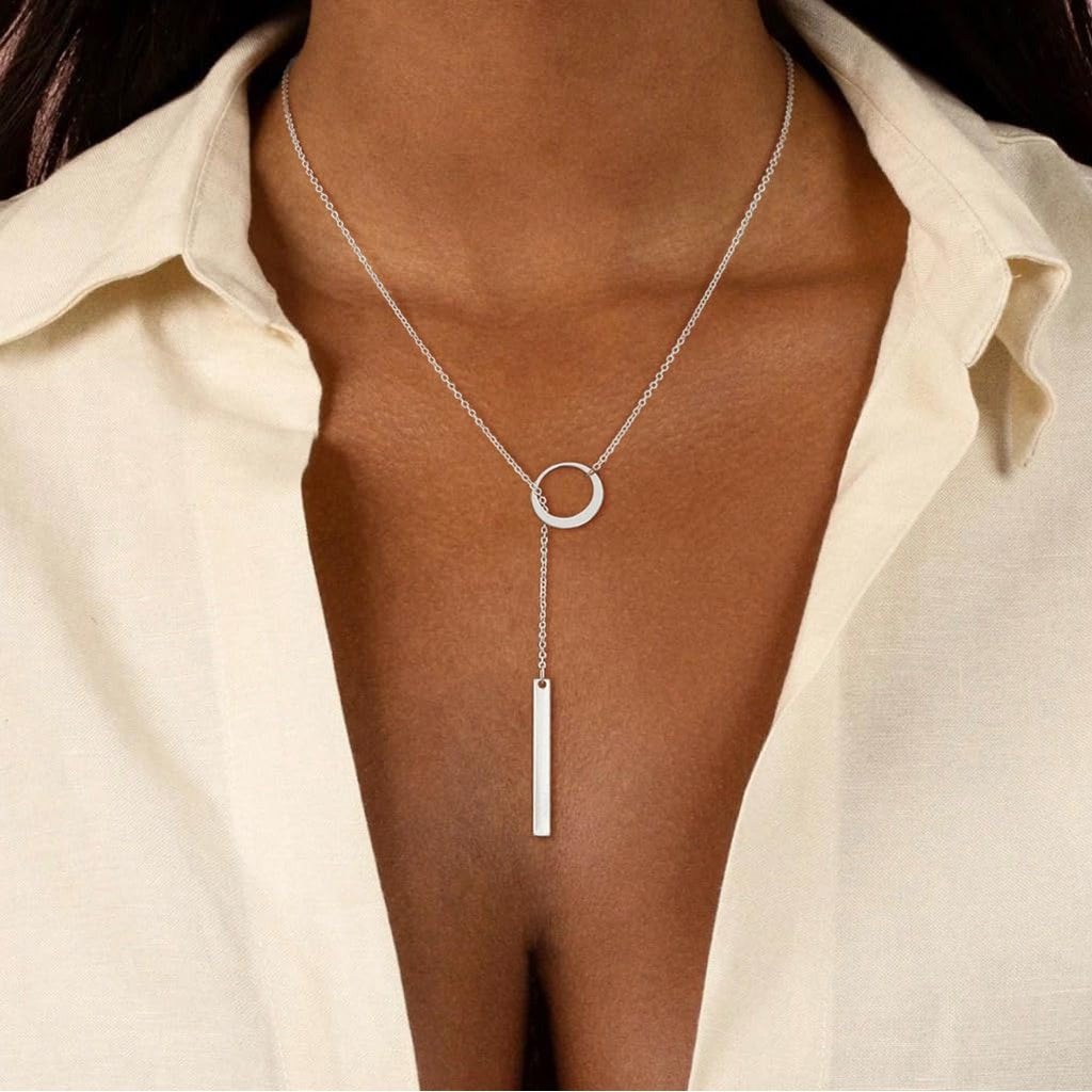 Lariat Gold Necklaces for Women Trendy Dainty Long Necklace 14k Gold Plated/Silver Layered Drop Beaded Chain Necklaces Y-shaped Pendant Necklace Simple Gold Jewelry Gifts