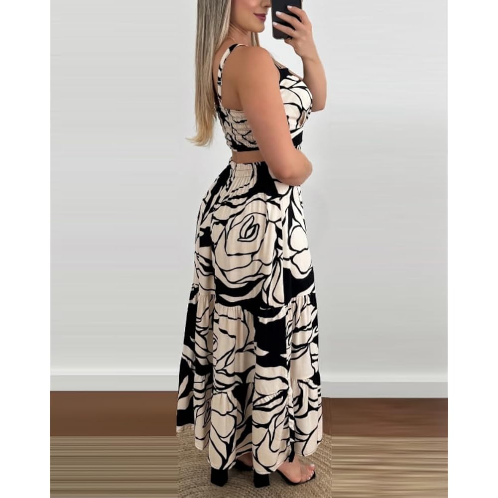 Chicme Summer Dresses For Women 2026 Sleeveless Casual Boho Maxi Dress Square Neck Cut Out Floral A Line Dress