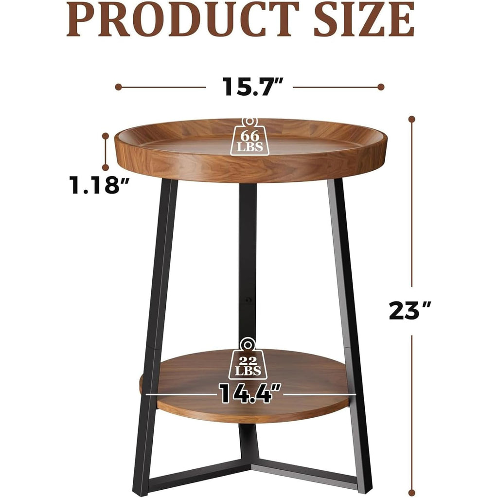 Round End Table With Storage Shelf, 2 Tier Farmhouse Side Table Nightstand For Living Room, Bedroom, Wood Tabletop & Black Metal Frame, Brown 15.7 * 15.7 * 23.0Inches