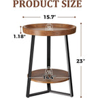 Round End Table With Storage Shelf, 2 Tier Farmhouse Side Table Nightstand For Living Room, Bedroom, Wood Tabletop & Black Metal Frame, Brown 15.7 * 15.7 * 23.0Inches