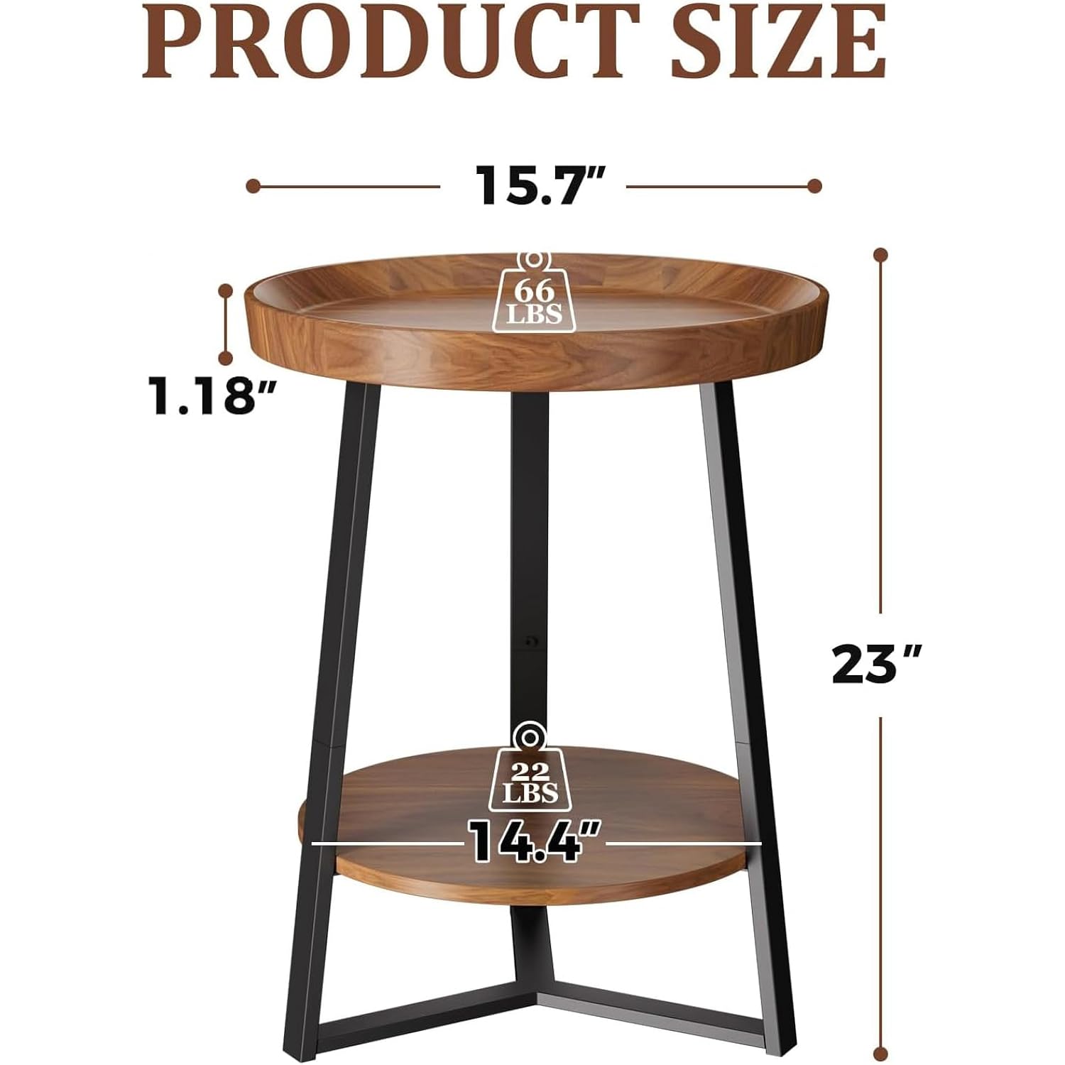 Round End Table With Storage Shelf, 2 Tier Farmhouse Side Table Nightstand For Living Room, Bedroom, Wood Tabletop & Black Metal Frame, Brown 15.7 * 15.7 * 23.0Inches
