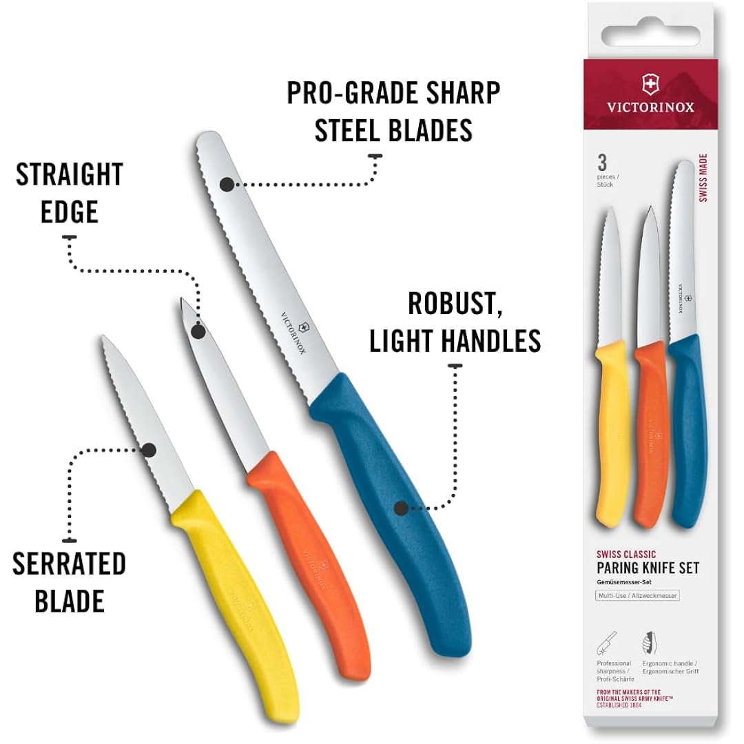 Victorinox Swiss Classic Paring Knife Set, 3 Pieces, Stainless Steel | Trio Of Sharp Straight & Wavy Edge Fruit Peeler Knives, Ergonomic Handles In Yellow, Orange & Blue, Dishwasher Safe