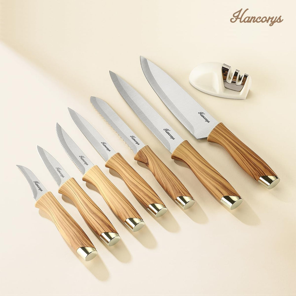 Knife Block Set, Hancorys Kitchen Knife Set With Sharpener, German Stainless Steel Gold Knives Set With Block And Ergonomic Wood Grain Handle, Ultra Sharp Cooking Knives