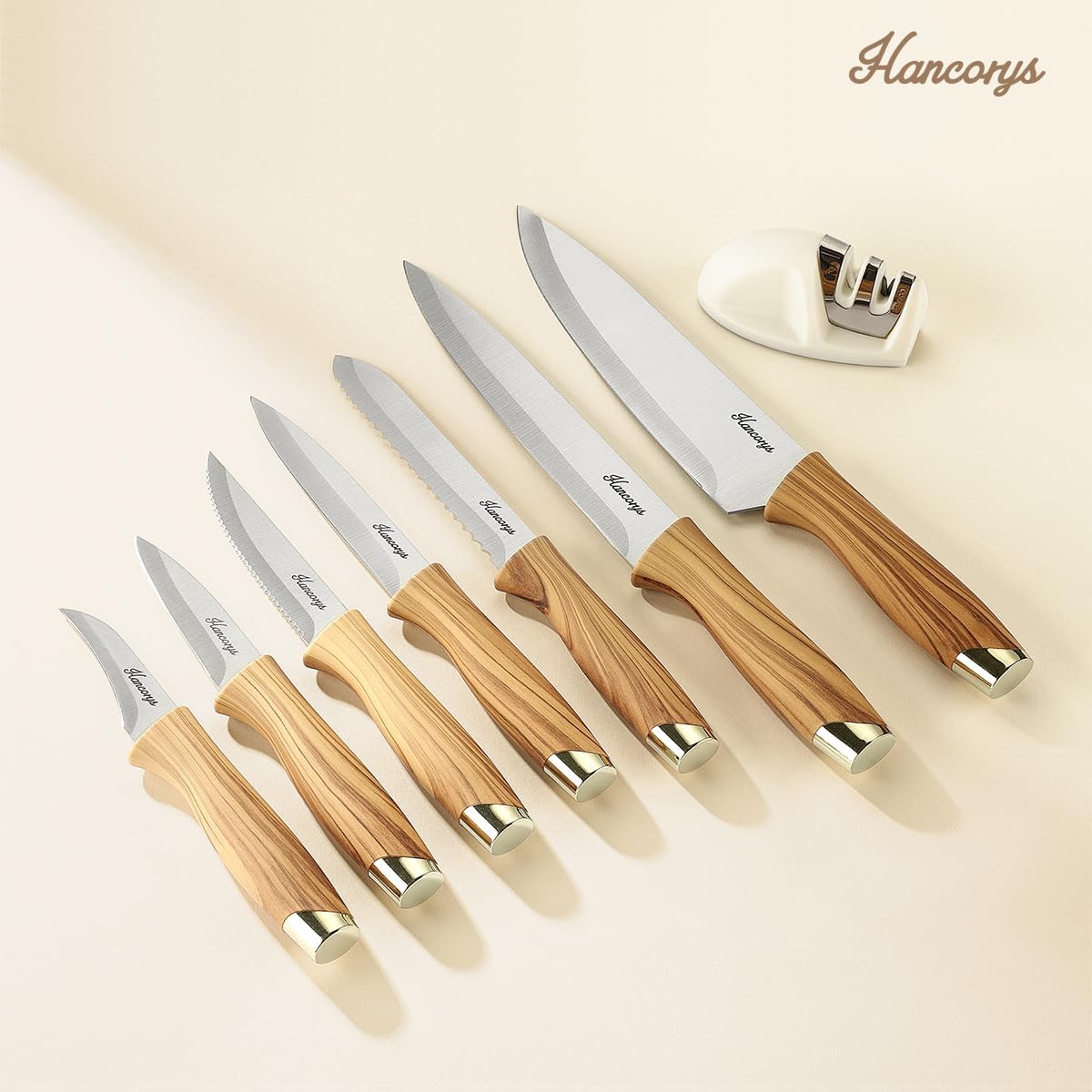 Knife Block Set, Hancorys Kitchen Knife Set With Sharpener, German Stainless Steel Gold Knives Set With Block And Ergonomic Wood Grain Handle, Ultra Sharp Cooking Knives