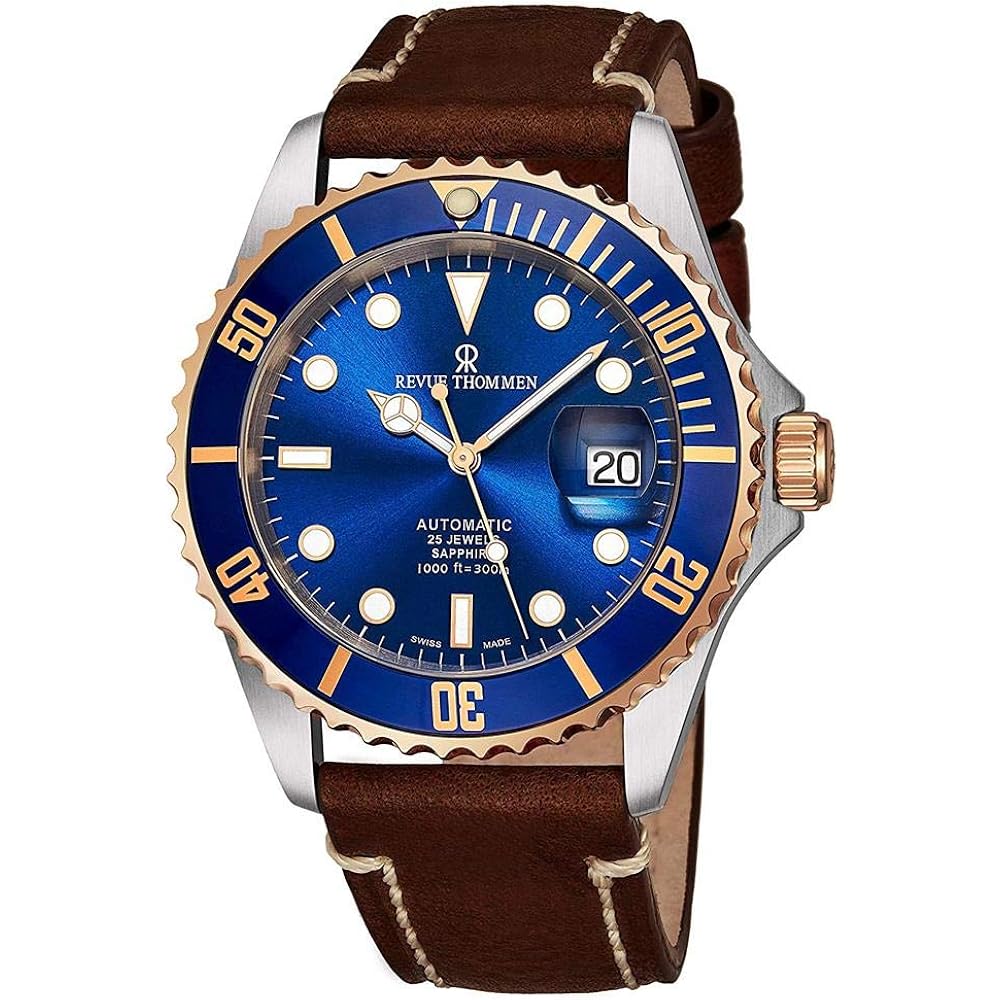 Revue Thommen Diver Mens Automatic Dive Watch - 42Mm Blue Face With Luminous Hands, Magnified Date, Sapphire Crystal - Rose Gold Bezel Brown Leather Band Swiss Made Waterproof Diving Watch 17571.2555