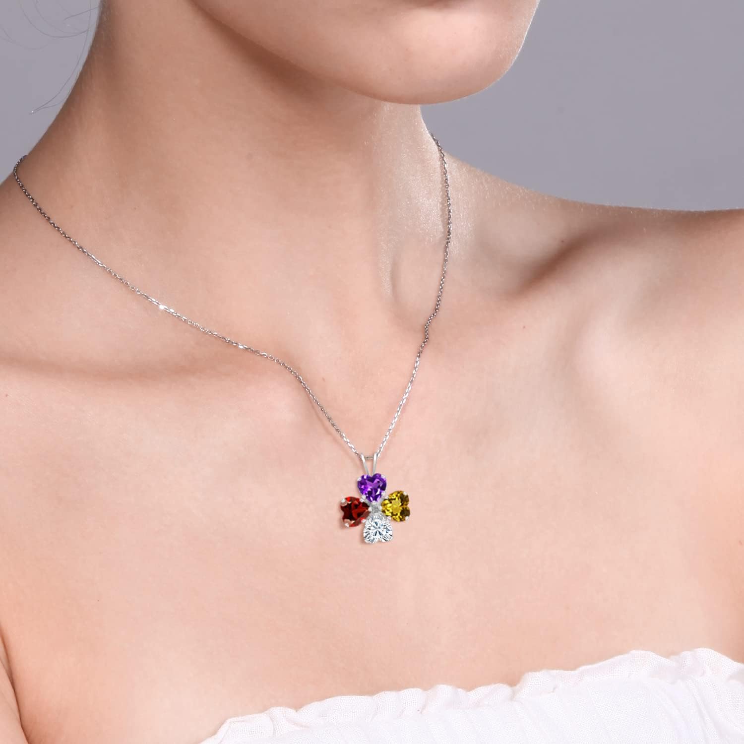 Gem Stone King Customized and Personalized 4 Heart Shape Pendant Necklace For Women | 925 Sterling Silver | Gemstone Birthstone Fashion Love Mothers Flower Blossom Necklace | With 18 Inch Silver Chain