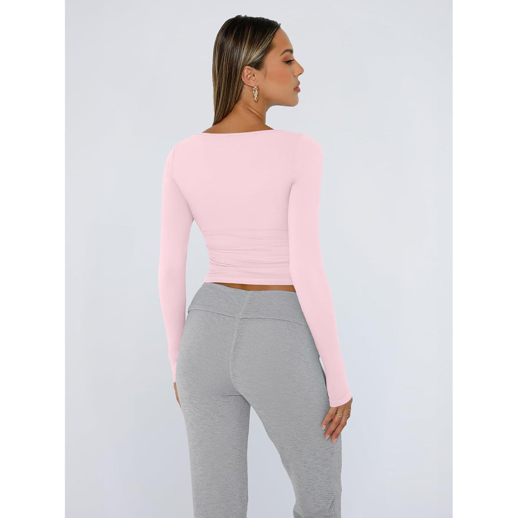 Trendy Queen Womens Square Neck Long Sleeve Shirts Double Lined Fall Tops | Buttery-Soft,High Stretch,Body-Hugging Fit,Essential Staple,Chic Layering Base,Office To Party Look