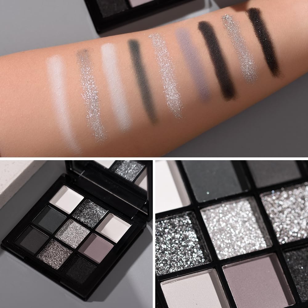 BAISEN DIARY 9 Color Smokey Eyeshadow Palette - Highly Pigmented Matte & Glitter Shades, Long-Lasting, Waterproof & Blendable, Black Silver Gray Eyeshadow Set for Sultry Glam (Reversal Star Smokey)