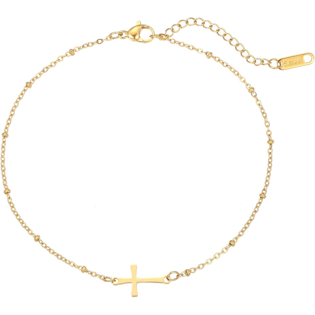 NONAMOIS Ankle Bracelets for Women Dainty 18K Gold Plated Anklet Waterproof Round Beaded Paperclip Herringbone Pearl Chain Anklets Waterproof Beach Foot Jewelry