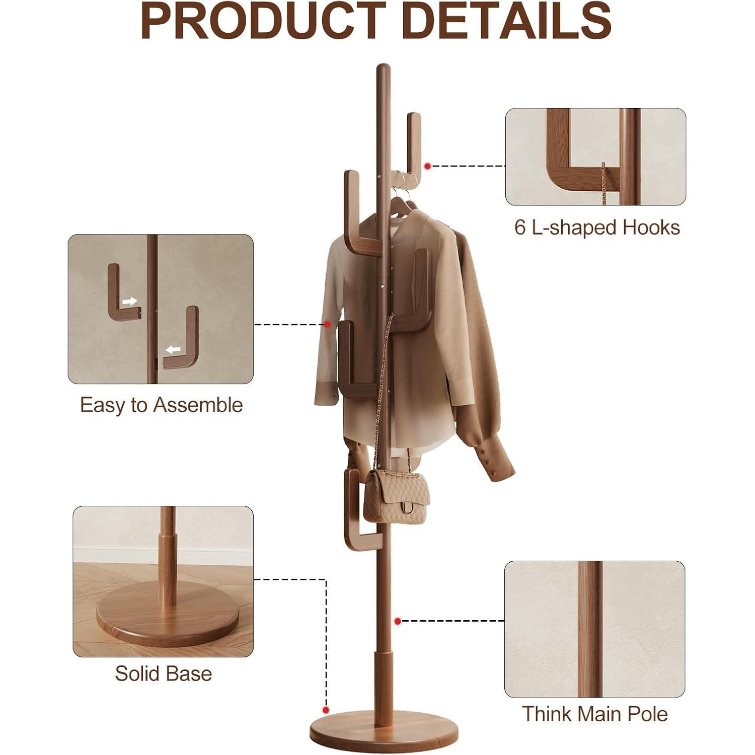 Solid Wood Cactus Coat Rack, Freestanding Coat Rack With 6 L-Shaped Hooks And 3 Adjustable Sizes, Coat Tree For Bedroom, Entryway, Livingroom, Coat Hanger Stand For Coats, Handbags (Walnut)