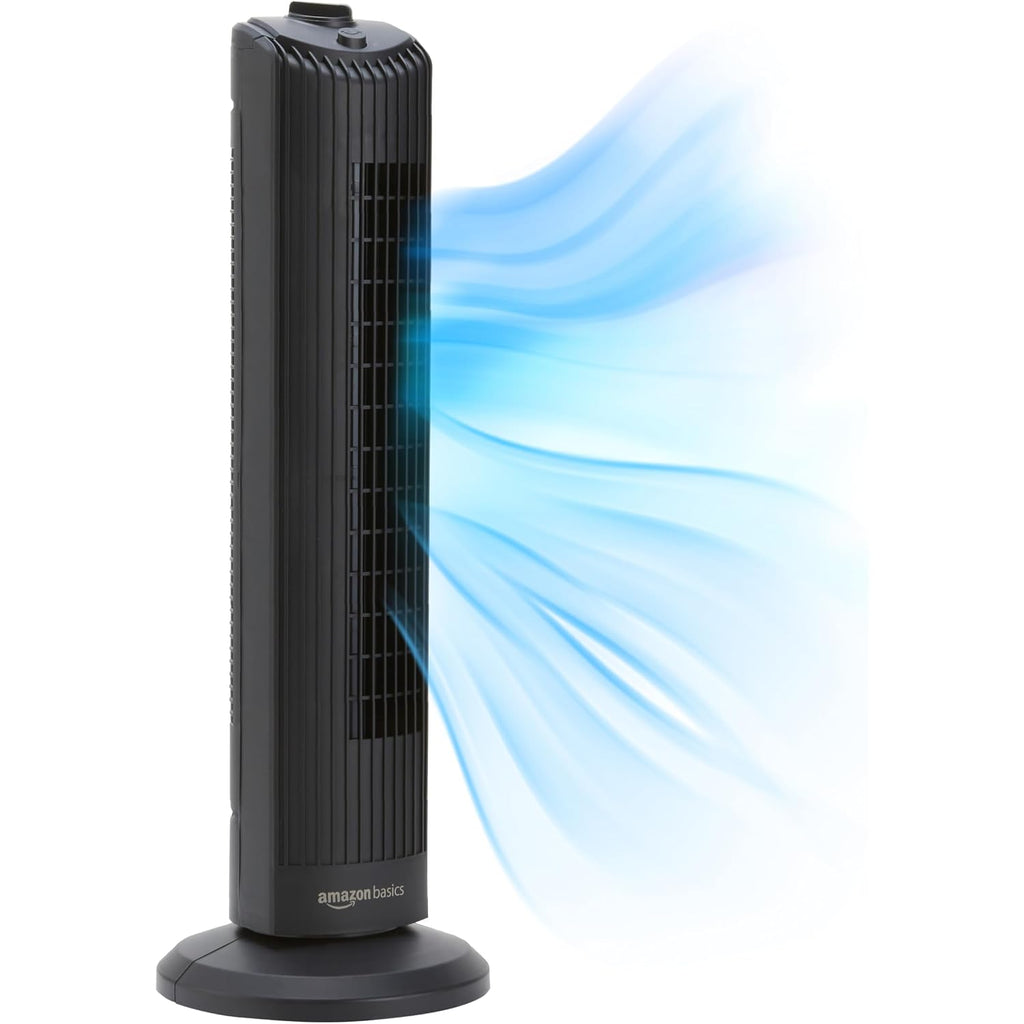 Amazon Basics 28" 60-Degree Oscillating Tower Fan With Powerful Airflow For Bedroom, Living Room, Office, 3 Speeds, Mechanical Control, Air Circulator, 35W, 27.8"H X 9.4"D X 9.4"W, Black