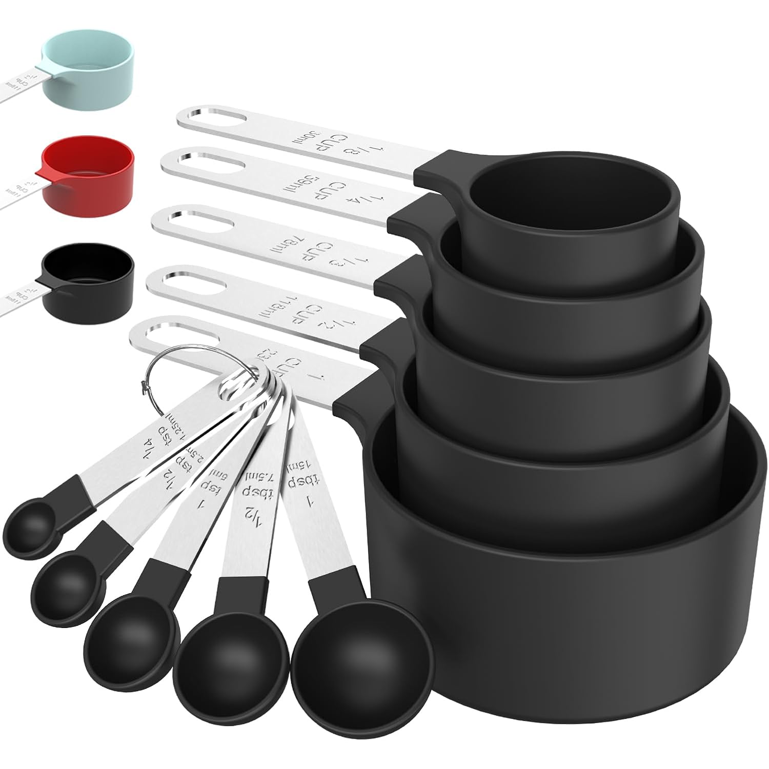 Measuring Cups & Spoons Set, Stackable Cups And Spoons | Nesting Measure Cups With Stainless Steel Handle, Kitchen Gadgets For Cooking & Baking (Black)