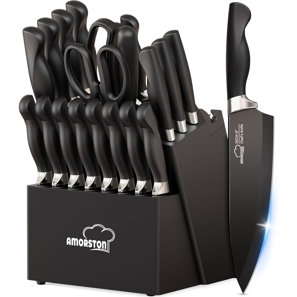 Knife Set, Amorston 21 Pieces Kitchen Knife Set With Block And Sharpener, Ultra-Sharp Knives Set With Ergonomic Handles, Black German Stainless Steel Knife Block Set, Dishwasher Safe