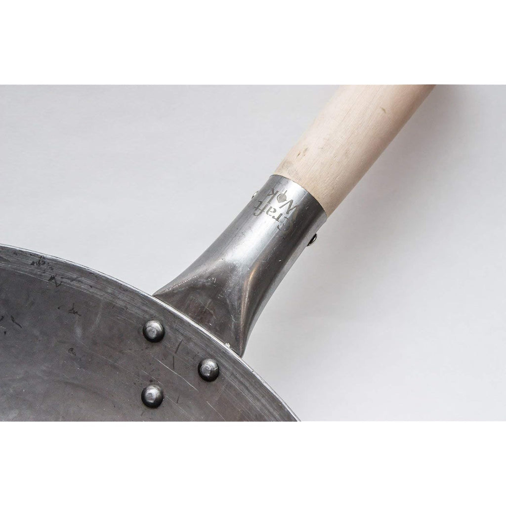 Craft Wok Traditional Hand Hammered Chinese Carbon Steel Wok with Wooden and Steel Helper Handle (14 Inch, Round Bottom Pow Wok Pan) / 731W88
