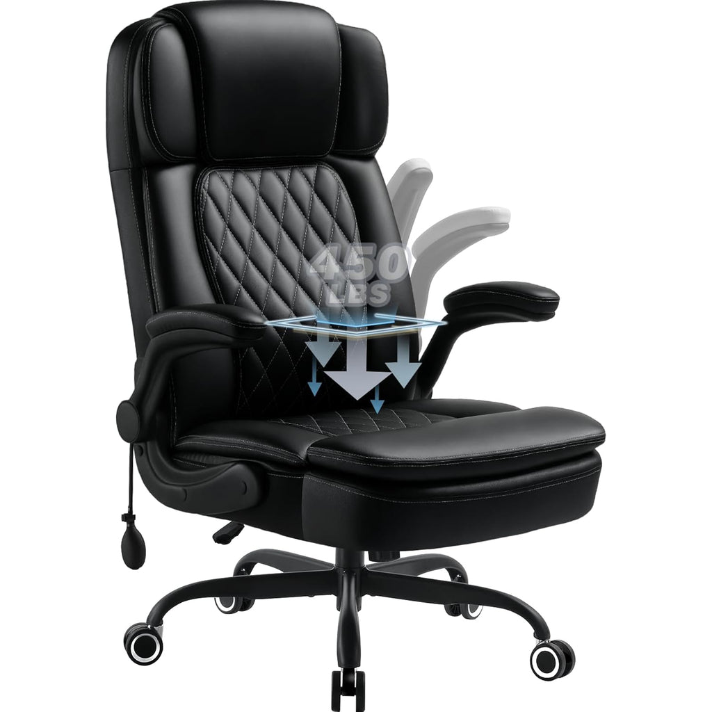 450Lbs Big And Tall Executive Office Chair With Flip Up Arm, Heavy Duty Pu Leather Computer Desk Chair,Comfortable High Back Swivel Home Office Chair With Rolling For Adults,Spring Cushion,Metal Base