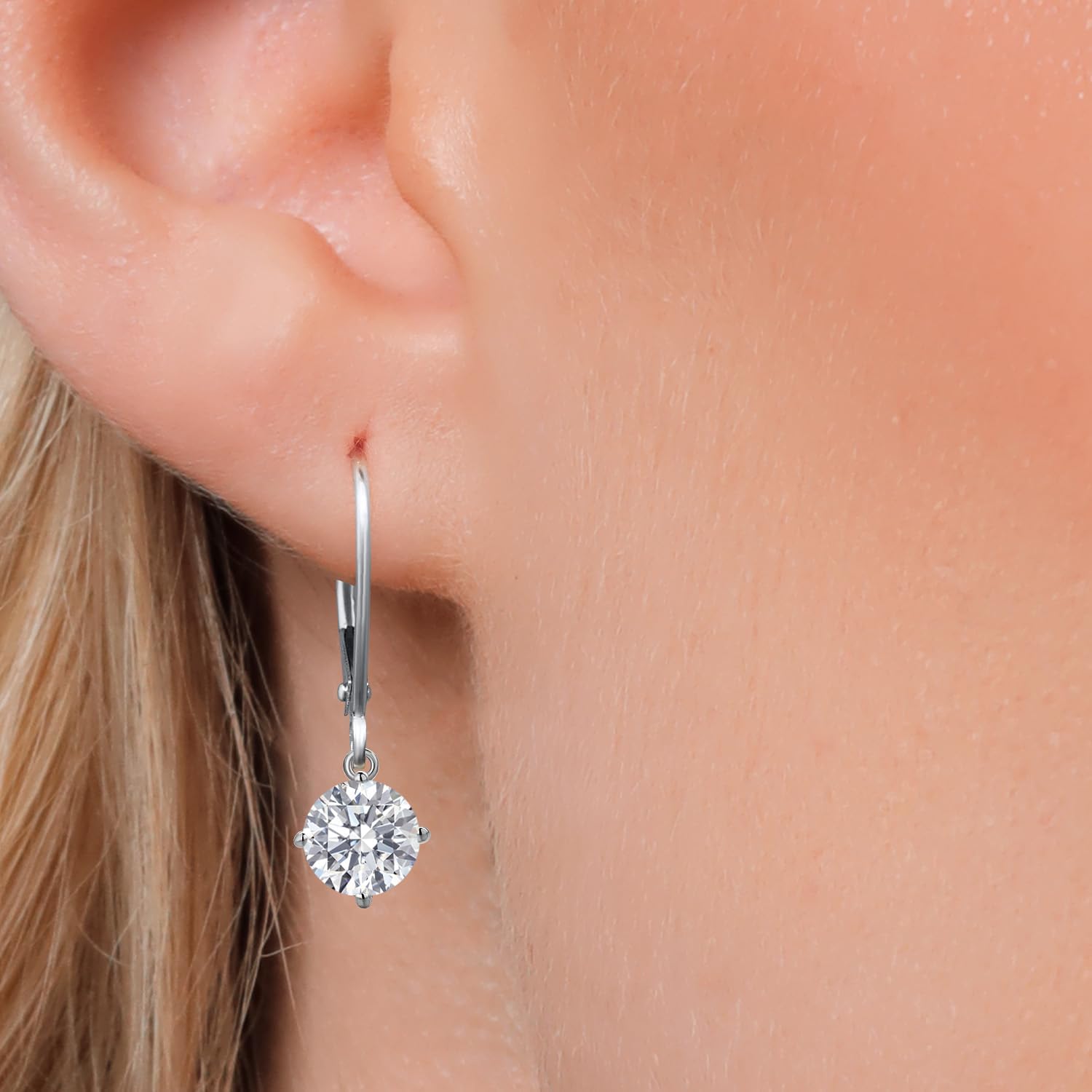 Gem Stone King 0.50-1.50 Cttw Round Lab Grown Diamond Leverback Dangle Earrings for Women | 14K White Gold | E-F Color | VVS-VS Clarity | April Birthstone | Jewelry Gifts for Mom Wife Her