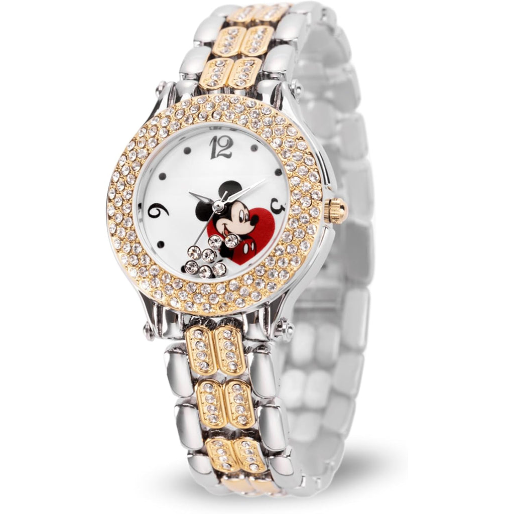 Disney Mickey Mouse Watch – Stylish & Fun Mickey Mouse Watches For Women – Classic Inspired Timepiece – Women'S Watch With White Dial & Floating Stones, Multicolor Stainless Steel Strap