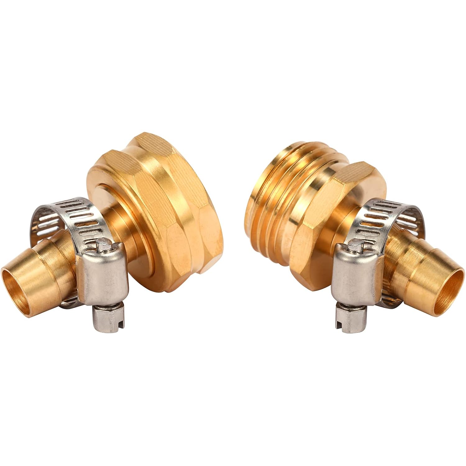 Brass Garden Hose Connector Repair Mender Kit, Fits 1/2" Water Hose Fitting | 1 Set, 1/2" Barb X 3/4" Ght, With Stainless Clamp