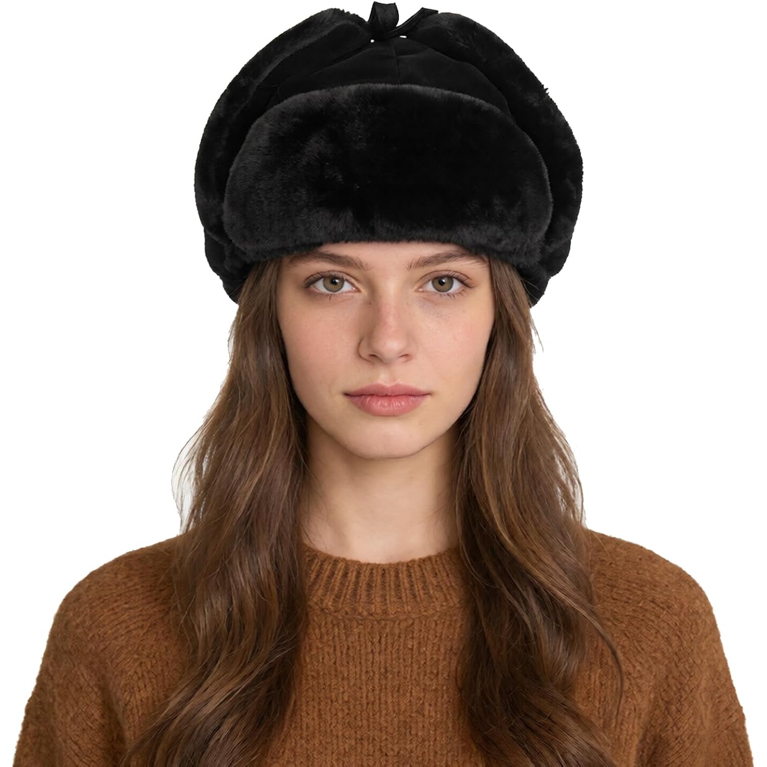 Winter Trapper Hat for Women Men, Faux Fur Windproof Hat with Ear Flaps Warm Russian Ushanka Hunting Cap for Cold Weather Black