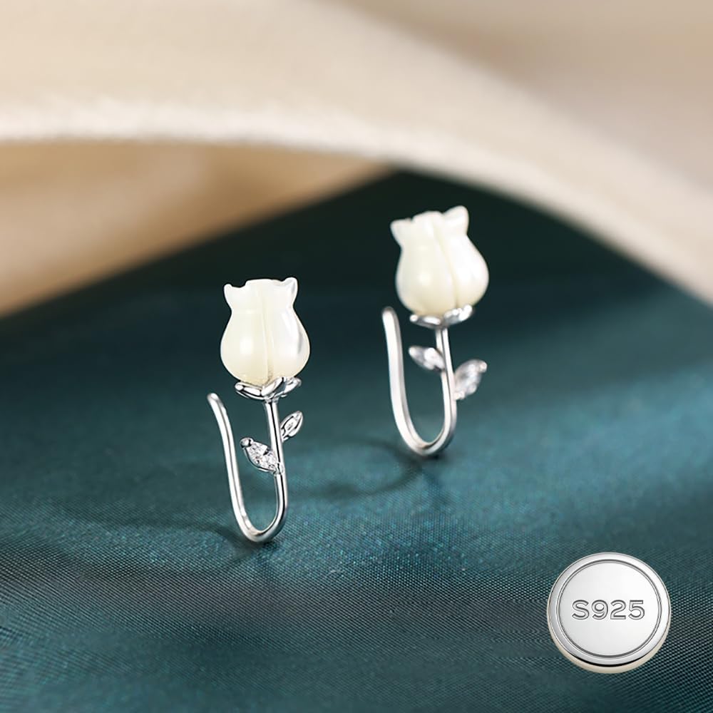 Reffeer Solid 925 Sterling Silver Flower Crawler Cuff Earrings Wraps for Women Teens Flower Wrap Earrings Climber