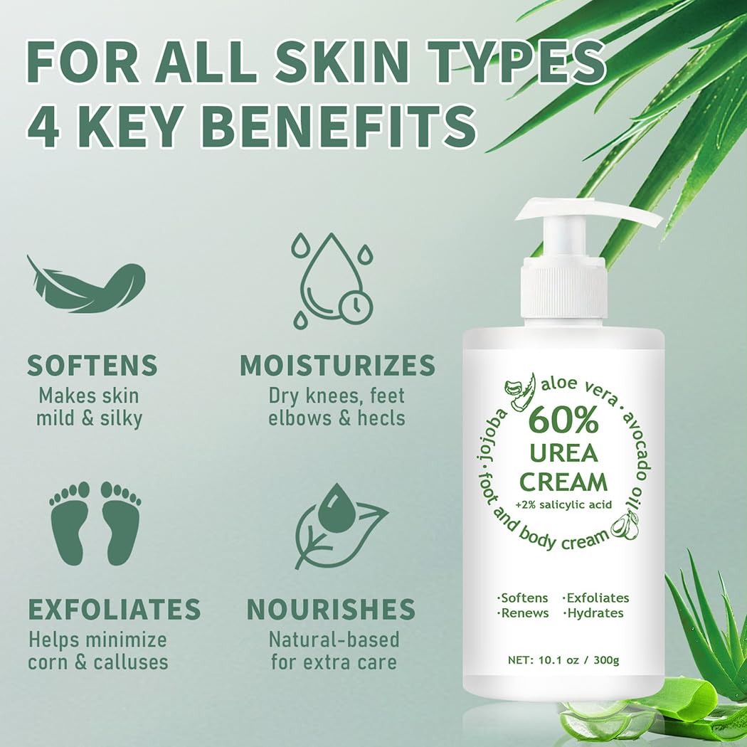 60% Urea Cream Maximum Strength, 10.1 oz - Foot & Hand Cream for Dry Cracked Skin, Callus Remover, with 2% Salicylic Acid - Deep Moisturizer for Cracked Heels, Rough Elbows & Knees - Fast Absorbing