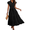 Dowerme Women'S Summer Casual Dresses 2026 Cap Ruffle Sleeve V Neck Button Belted Tiered Boho Maxi Dress With Pockets