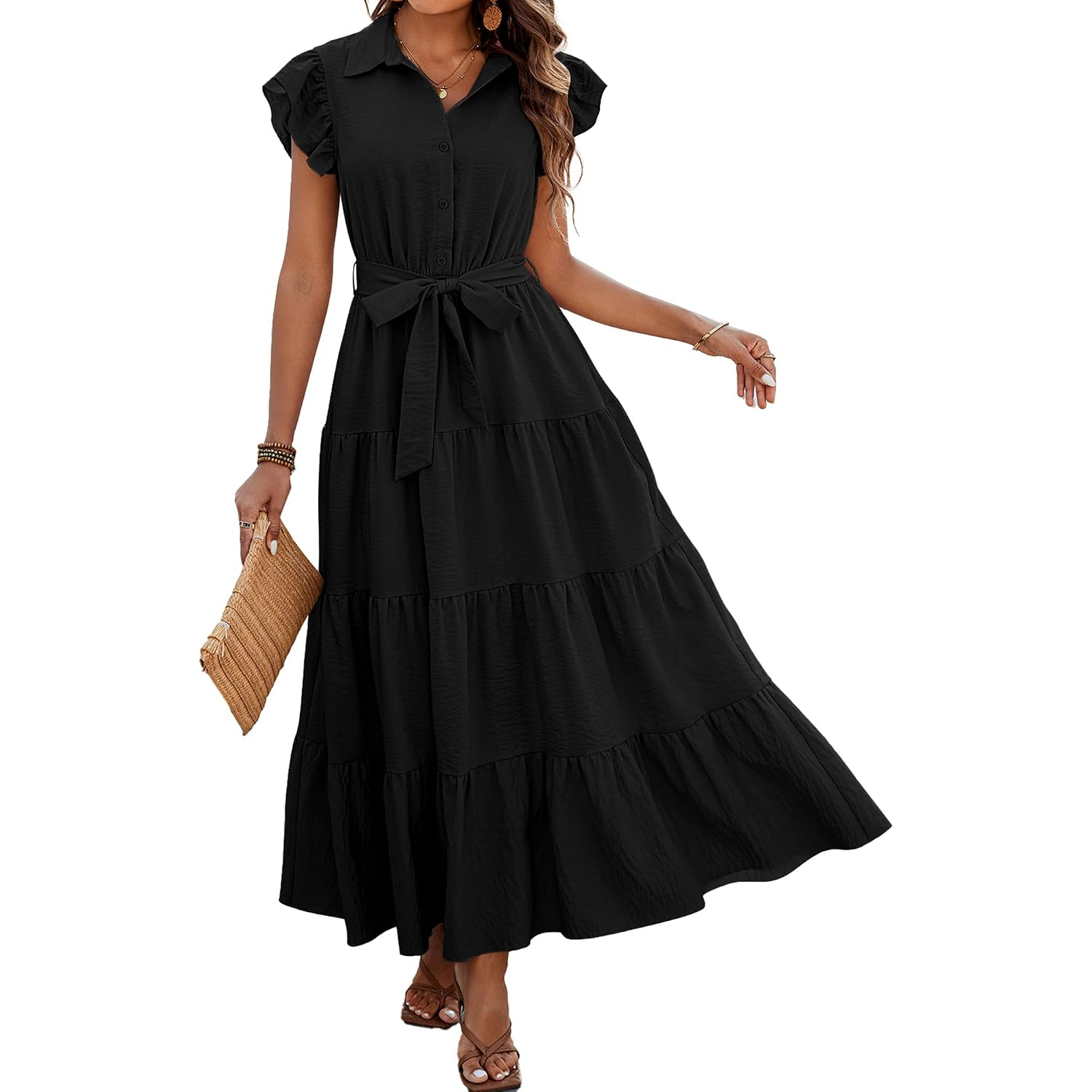 Dowerme Women'S Summer Casual Dresses 2026 Cap Ruffle Sleeve V Neck Button Belted Tiered Boho Maxi Dress With Pockets